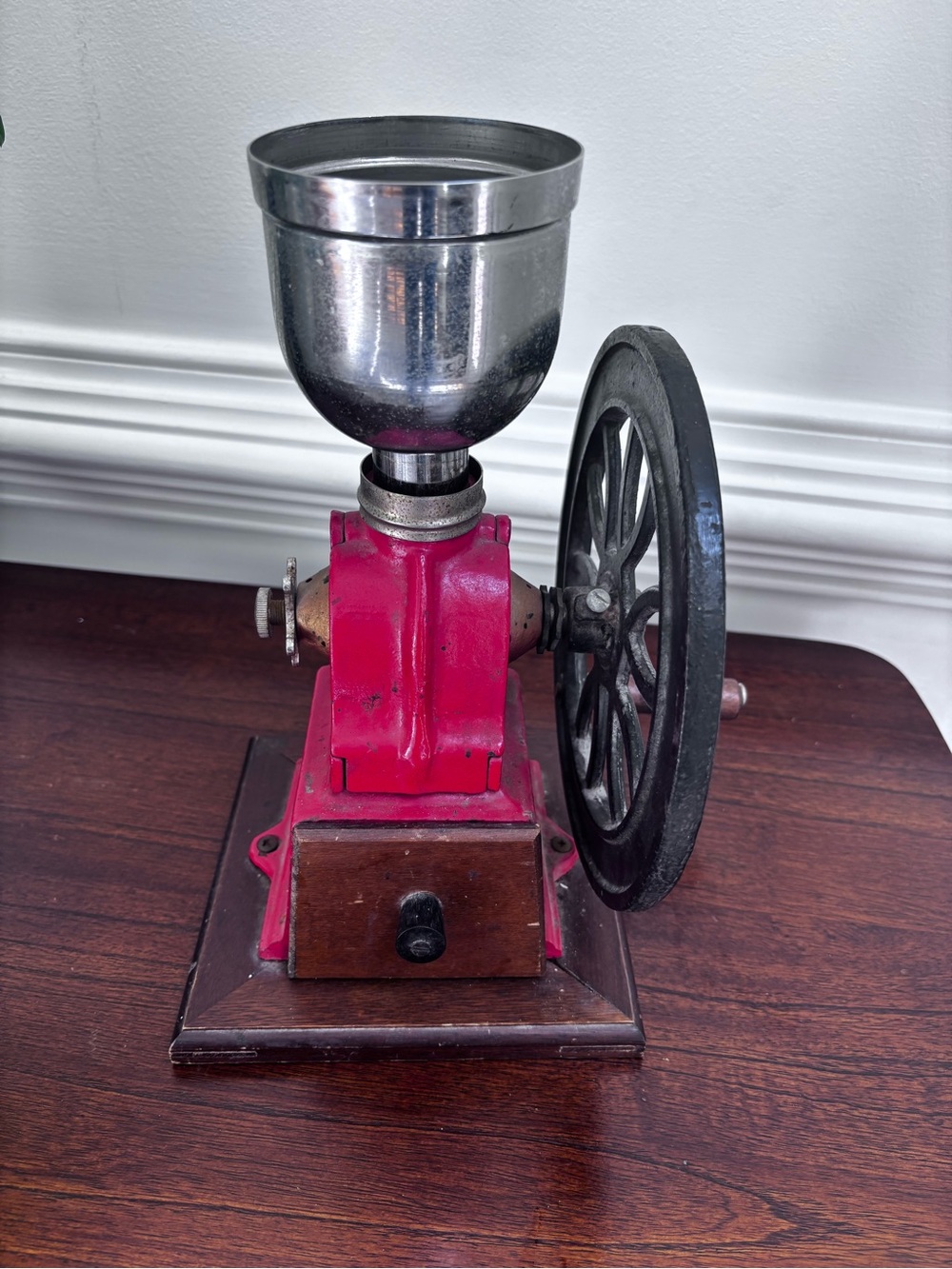 Vintage cast iron Red Manual Coffee Grinder with Metal Hopper